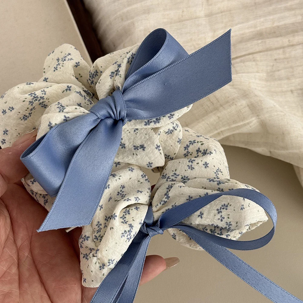 Korean Blue Floral Large Intestine Scrunchies Bow Ribbons Elastic Hair Ties Ponytail Holder Hair Rope Hair Accessories Headband