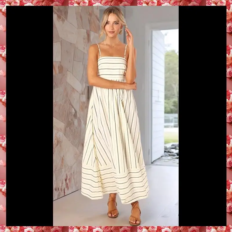 Women's Striped Back Smocked Maxi Dress Spaghetti Strap Cut Out Flowy Swing Long Dress