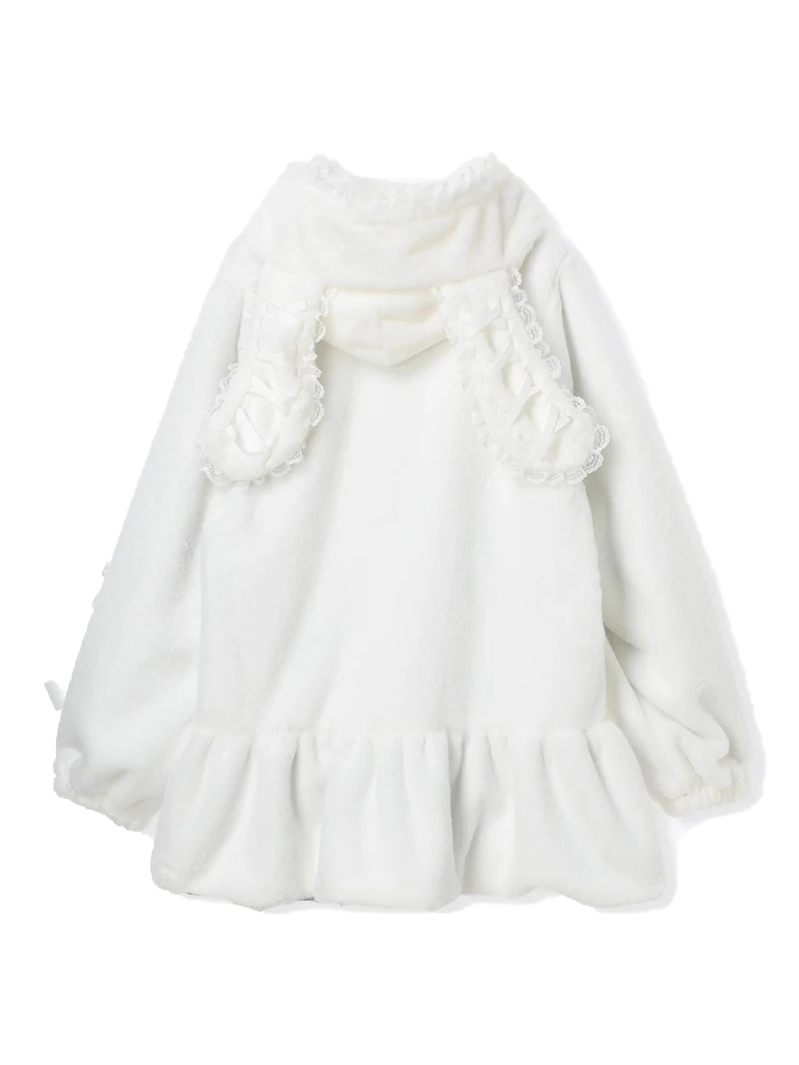 

Lautaro Autumn Sweet Cute Soft White Lace Patchwork Faux Fur Coat Women with Bunny Ears Bow Kawaii Loose Fluffy Jacket Hoodie
