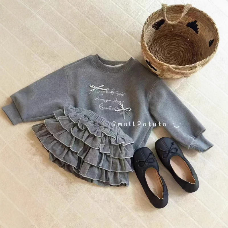 

Girls' Fleece Korean Style Set Autumn Winter New Children's Fashionable Fleece Sweatshirt Princess Cake Dress31203