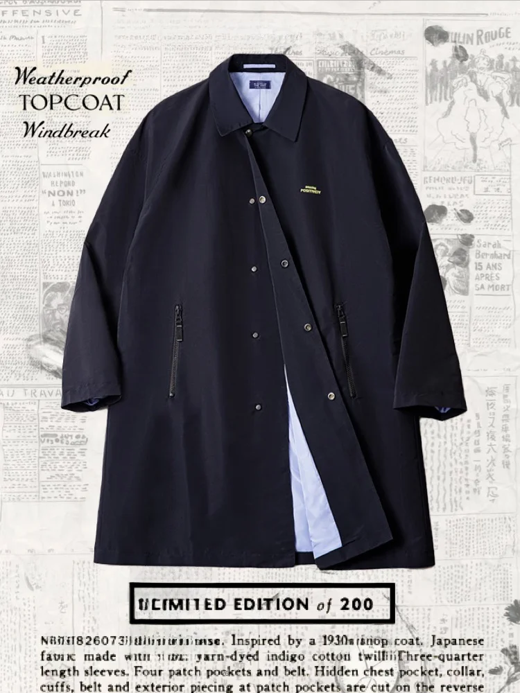 

Waterproof Oil-resistant Balmoral Coat American Casual Style Long Lapel Overcoat for Men Fashionable Urban Wear All Seasons