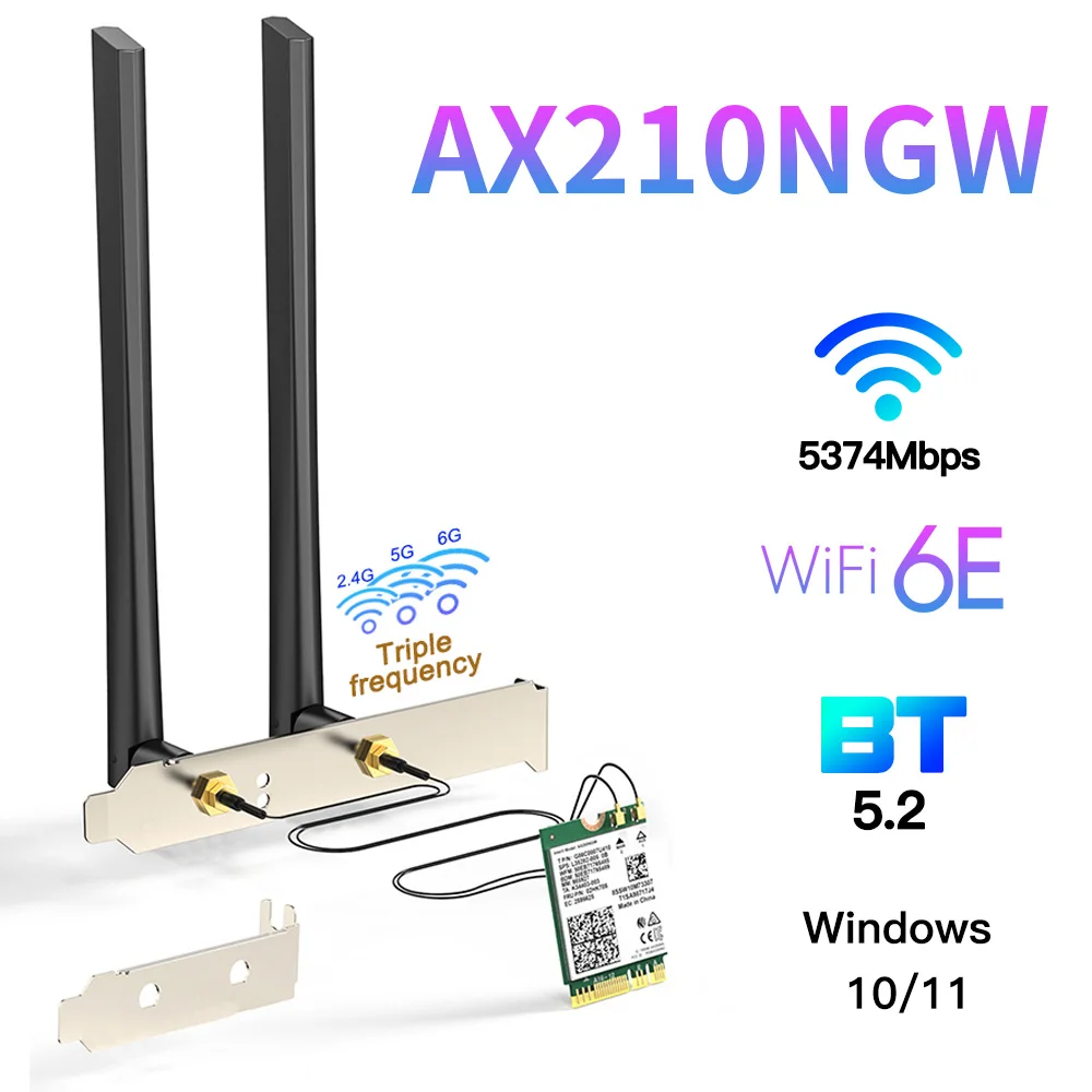 

Intel AX210 AX210NGW WiFi 6E 3000Mbps Desktop Kit with 6Dbi Antenna 2.4G/5G/6Ghz Bluetooth5.2 M.2 NGFF Key E 802.11ax/ac MU-MIMO