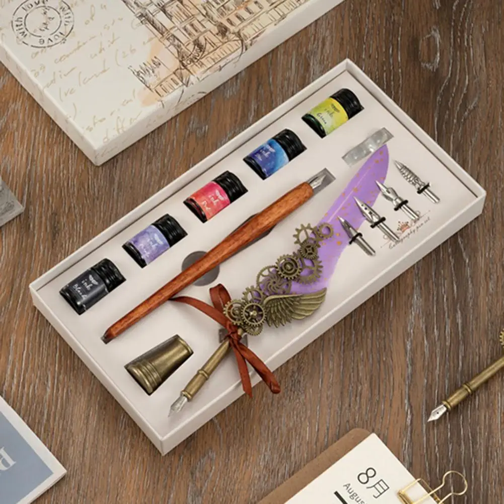 フェザーディップインクペンセット、素敵な見た目、ビンテージウッド、キラキラ署名クイル、文房具用品、1セット