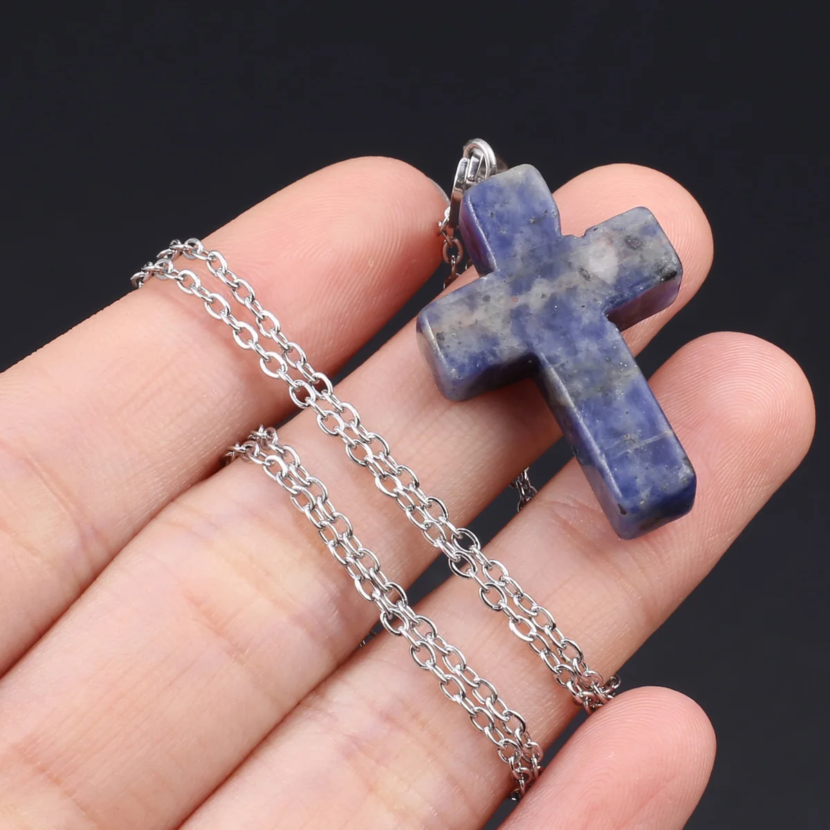 Cross  Natural Stone  Amethyst Agate Opal Exquisite Gem Pendant  Metal Chain Jewelry Accessories Gift 25x18mm