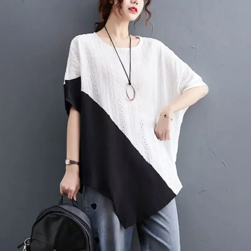 

2024 Summer Women's Round Neck Contrast Color Hollow Out Patchwork Irregular Casual Short Sleeve Loose Midi T Shirt Tops L247