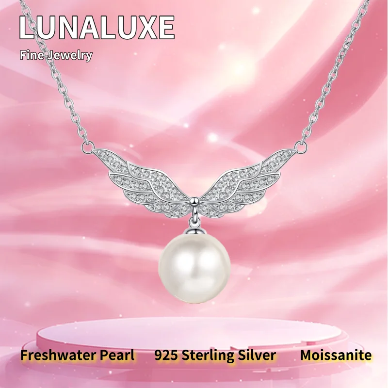 

925 Sterling Silver Plated PT950 Necklace 10MM Flawless Natural Pearl Angel Wings Moissanite Pendant Luxury For Beautiful Women