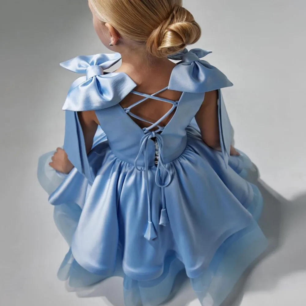 

Girls' formal dress 2024 new blue satin suspender princess fluffy backless bow