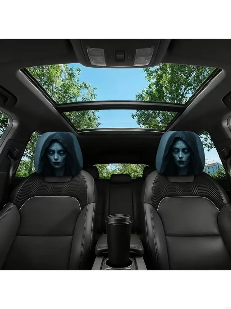 Slip On Car Headrest Cover Pair, Polyester 2 Piece Set with Glowing Gaze Portrait Print for Seat Styling and Headrest Face