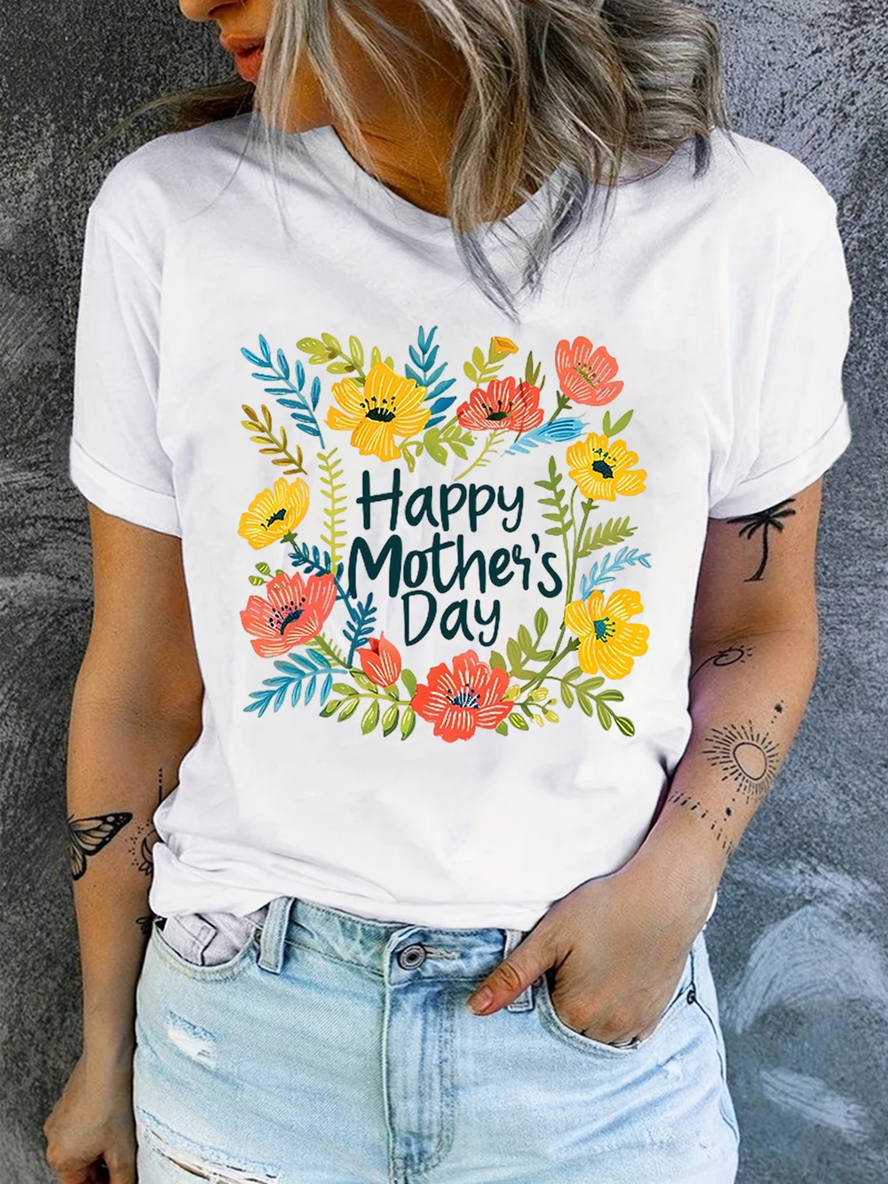 Cute Spring Flower Mother's Day Tee, Simple Boho Plant Print Short Sleeve Shirt for Moms  Women Clothes Harajuku T Shirt