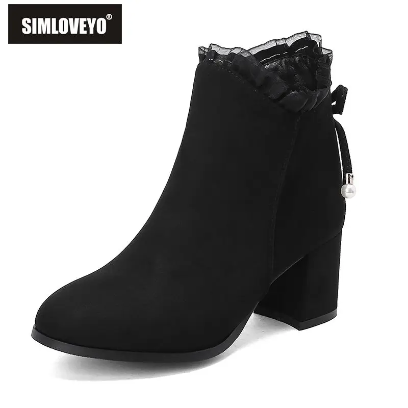 

SIMLOVEYO брендовые замшевые женские ботильоны из флока с круглым носком, 6 см, на блочном каблуке, на молнии, с узлом-бабочкой, большие размеры 41 42 43, повседневные