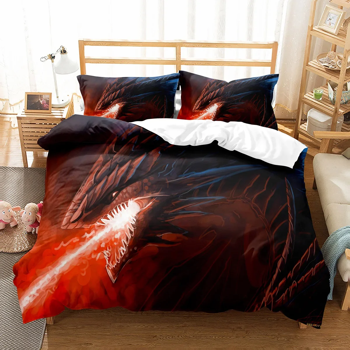 Fierce Fire Breathing Dragon Theme Duvet Cover for Women Men Children Teens for Bedroom Decorations Red Black Queen King Size