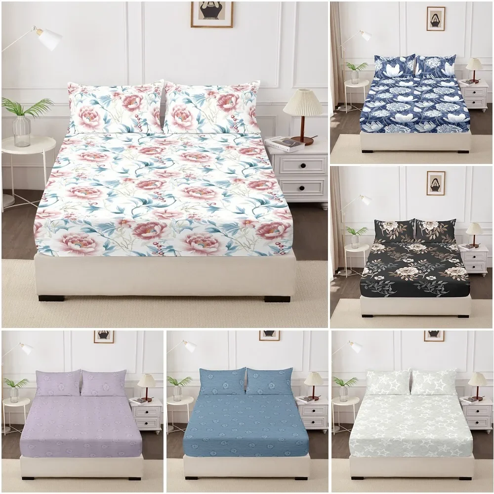 

3pcs Bedding Fitted Sheet and Pillowcases Set Elastic Band Around Mattress Cover King Size Bed Cover Wrinkle-Resistant Easy Care