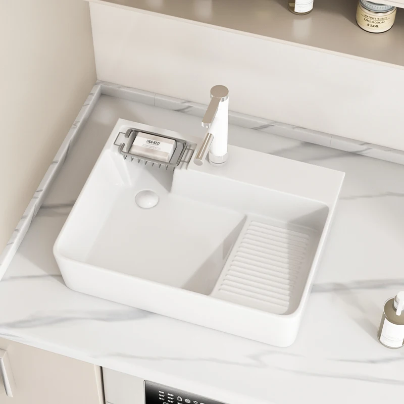 Balcony ceramic laundry basin with rubbing board platform basin, laundry pool slot side row left and right side sewer basin sing