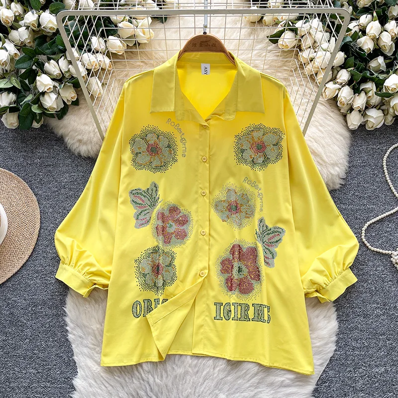 Camisa con cuello tipo Polo y mangas acampanadas para mujer, Top holgado con estampado en caliente y estampado de diamantes, estilo europeo americano, C367