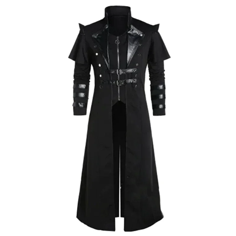 Coslan Vintage Halloween Middeleeuwse Steampunk Assassin Elfen Piraat Kostuum Volwassen Mannen Zwart Lange Split Jas Gothic Armor Leer