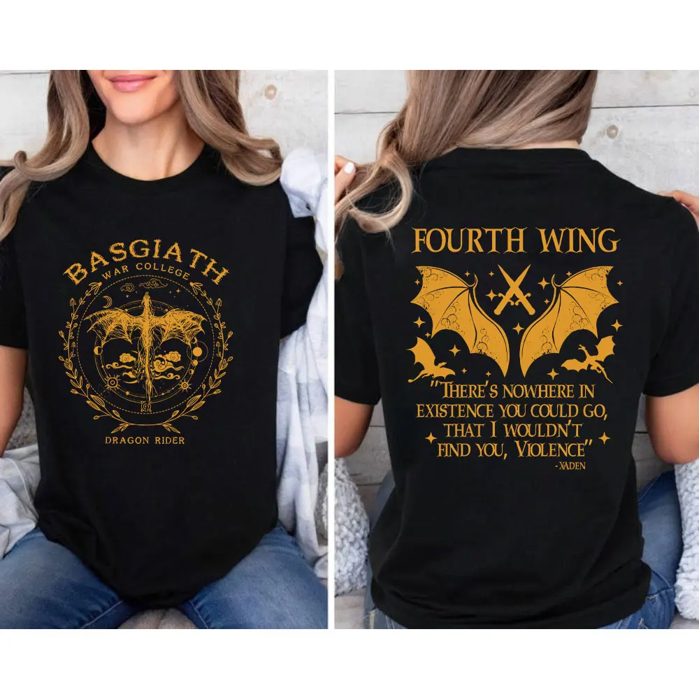 Basgiath War College Double Sided Print T-Shirt Fourth Wing Shirt Dragon Rider Tee Sorrengail Xaden Riorson Fantasy Bookish Tops