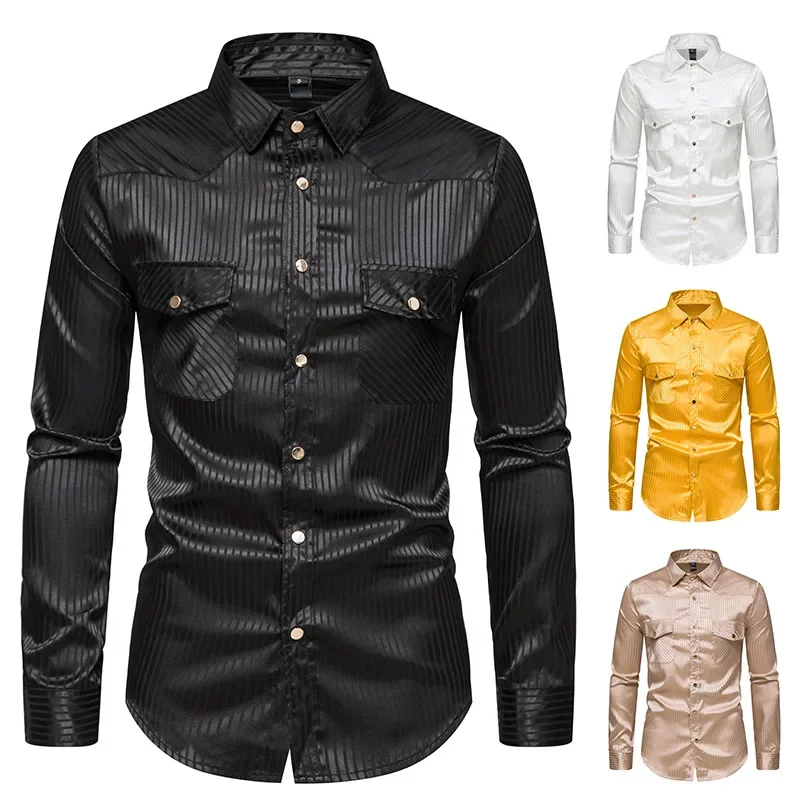 

New Foreign Trade Shirt Men's Sports Double Pocket Long Sleeve Bright Stripe Solid Color Shirt