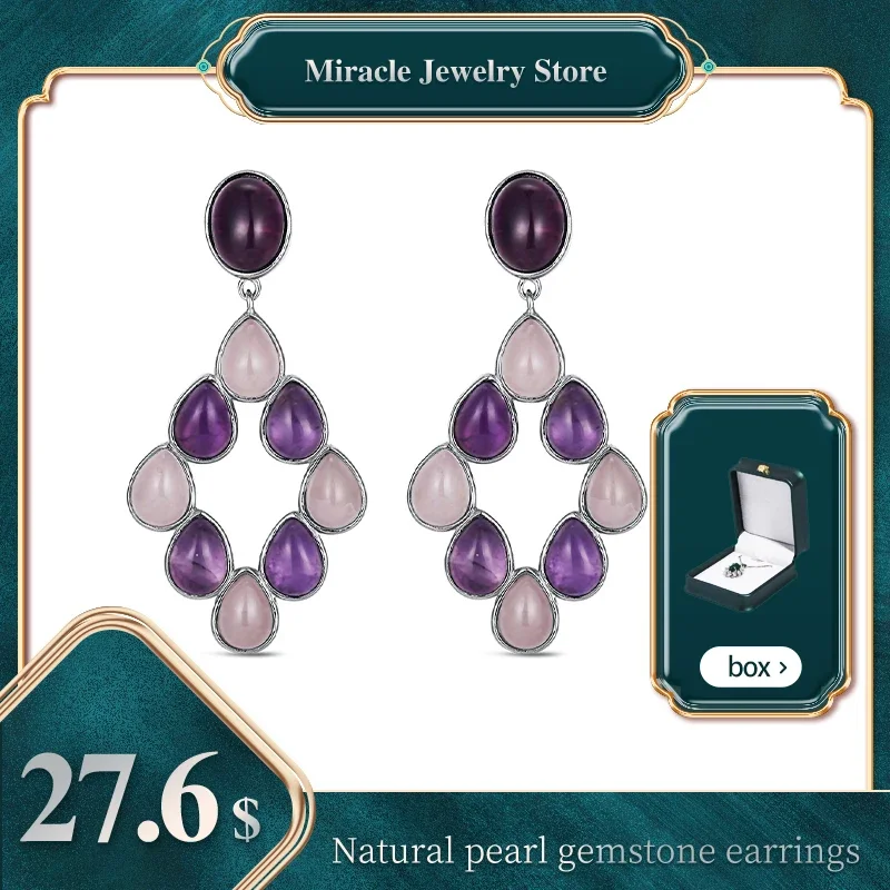 

Mrs Win 925 Sterling Silver Earrings Set with Natural Amethyst and Pink Crystal, High-end Ladies' Jewelry, A Gift for Mothers