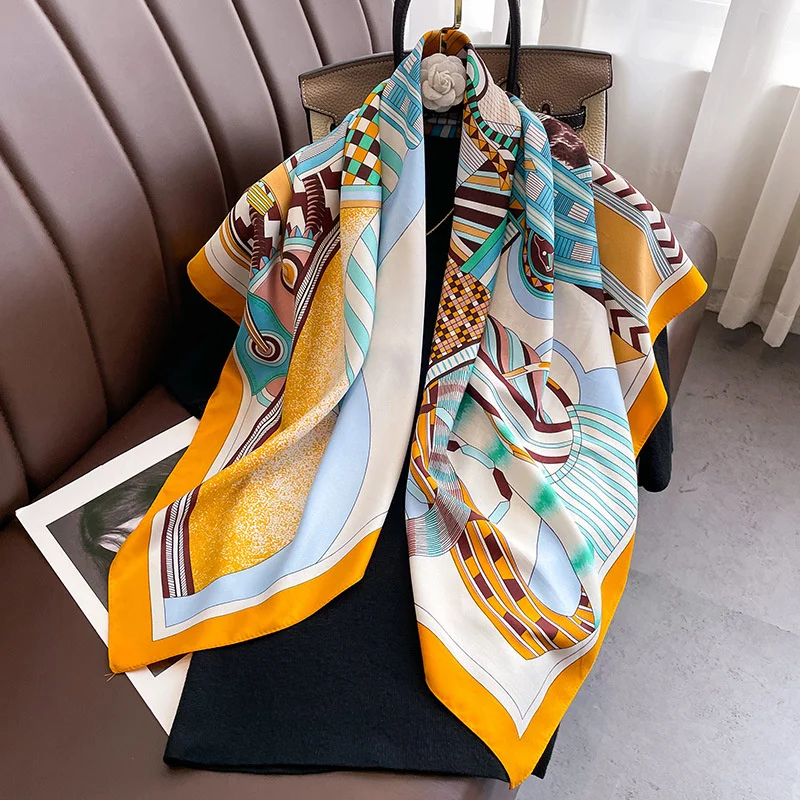 Brand Twill Silk Scarf Women Luxury Shawl Wrap 90cm Square Headband Print Neck Tie Female Hijab Satin Echarpe 2024 Bandana