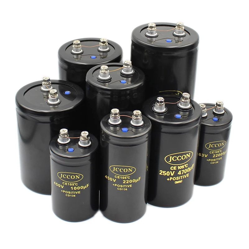 JCCON 63V 100V 250V 400V 450V 1000uf 1500uf 2200uf 3300uf 4700uf 6800uf 10000uf 22000uf 47000uf Parafuso de alumínio MFD Filtragem de áudio Capacitor eletrolítico Capacitores de parafuso CD136