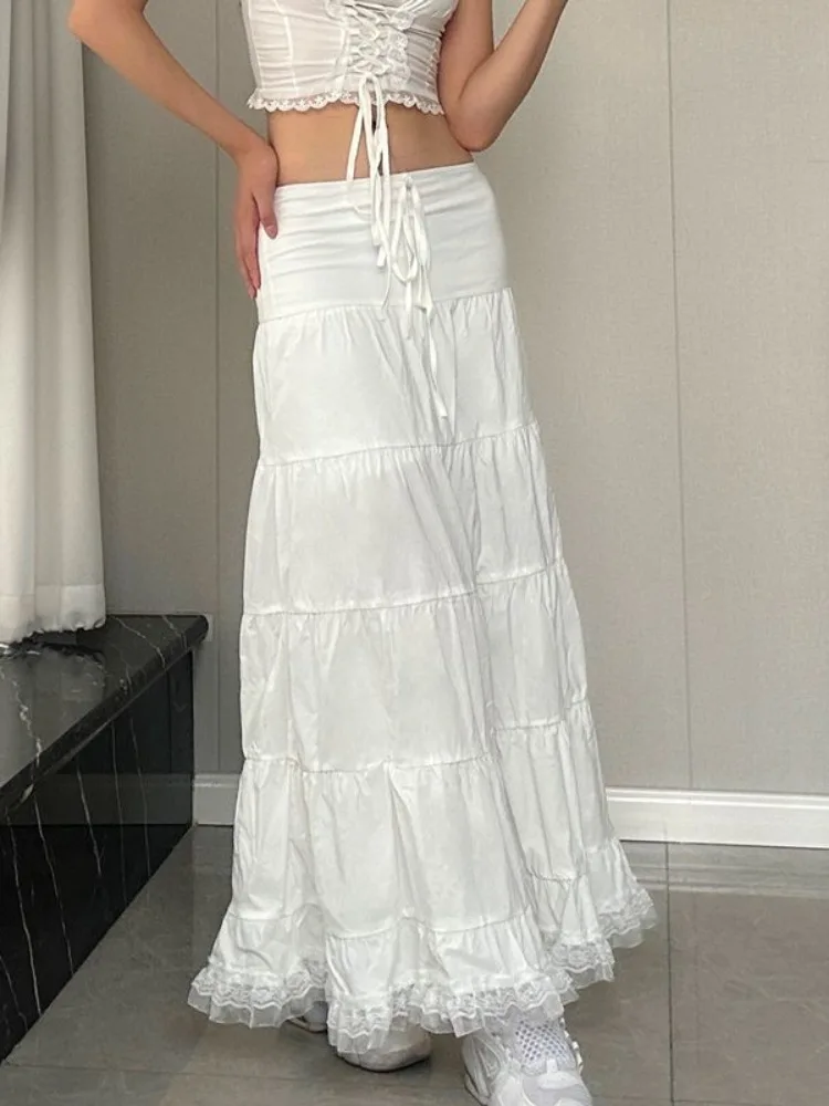 ADAgirl White Long Skirts High Waist Drawstring Casual Cake Skirt for Women Vintage Lace Patchwork Loose Folded Ladies Clothing