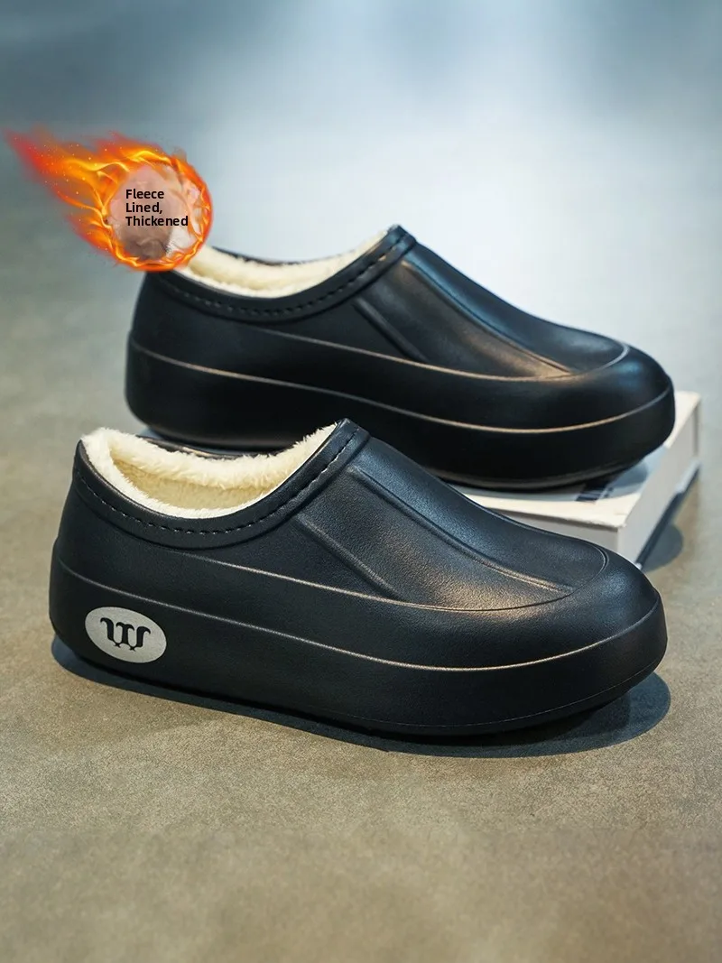 Men's Cotton Slippers Winter Warm Waterproof Non-slip Outdoor Casual Home Full Cover Cotton Shoes Fleece-lined Leisure Shoes