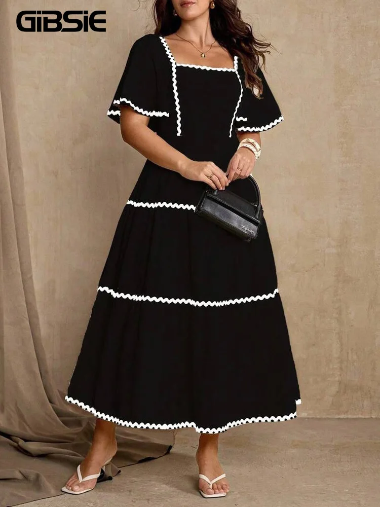 

GIBSIE Plus Size Square Neck Tie Back Black Long Dress Women Summer 2026 Elegant Butterfly Sleeve Vacation Maxi A-Line Dresses