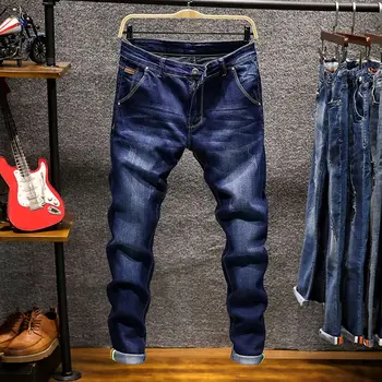 American Elastic Straight Jeans Men Ripped Worn-out Slim-fit Cotton Denim Pants Korean Style Fashion Blue Black Men's Clothing 5