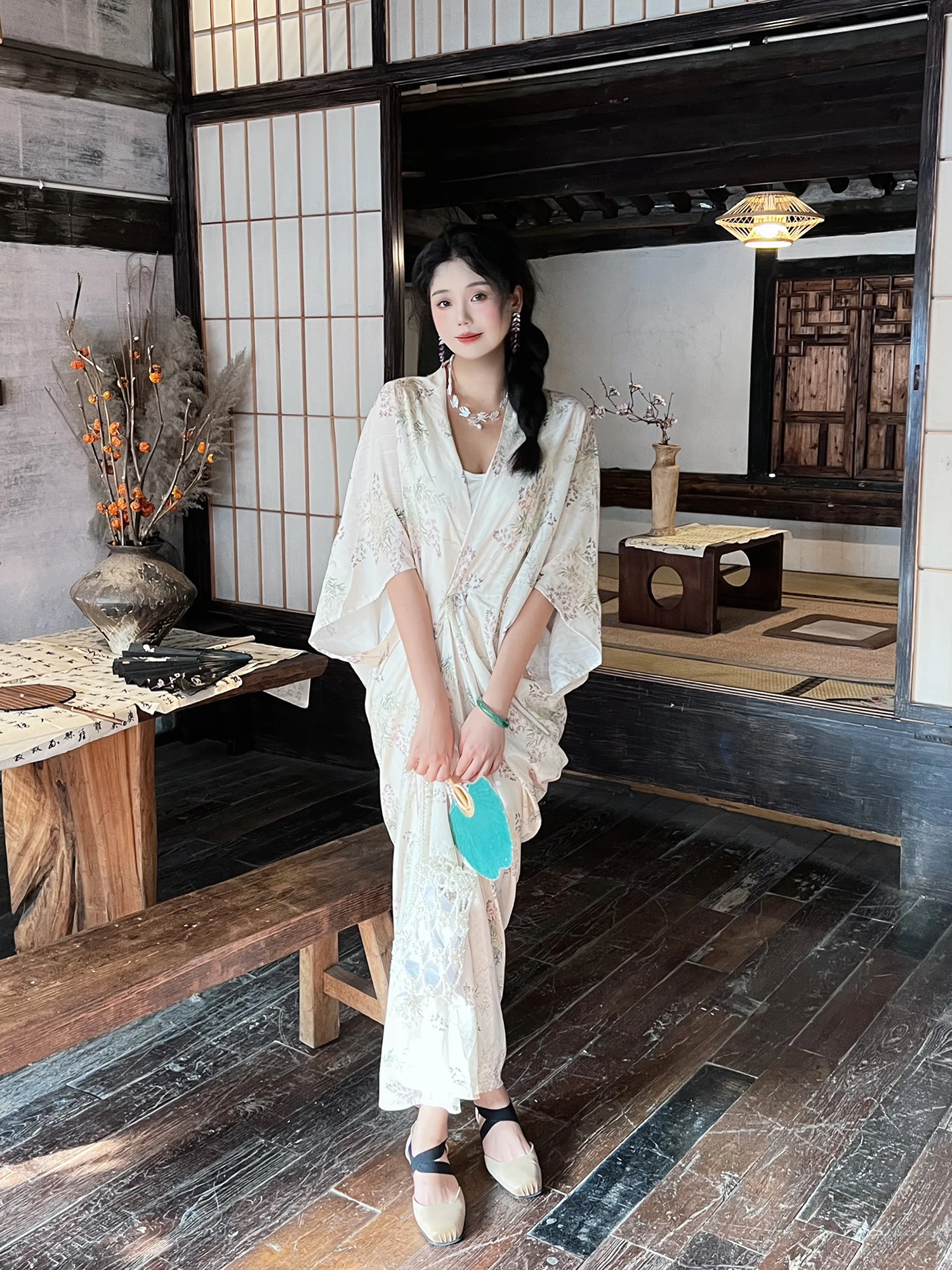 

New Chinese Sle Soft Ele Loose Dr Women's Summer Outfit with Bellflower Print Strap Long Sve round Ne