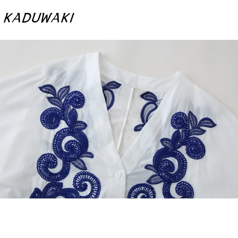 KADUWAK Fashion Retro V-neck Puffy Sleeve Splicing Embroidery Tee Casual Color Blocking Pleated A-line Skirts Beach Vacation Set