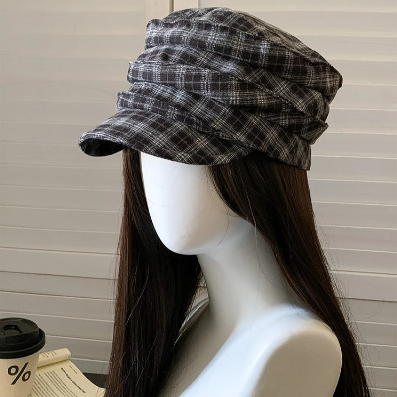 Japanische Retro-Karo-Plissee-Baskenmütze für Frühling und Herbst, große Ausführung, Sonnenschutz, kurze Krempe, literarische achteckige Newsboy-Mütze für Damen – Detail 3