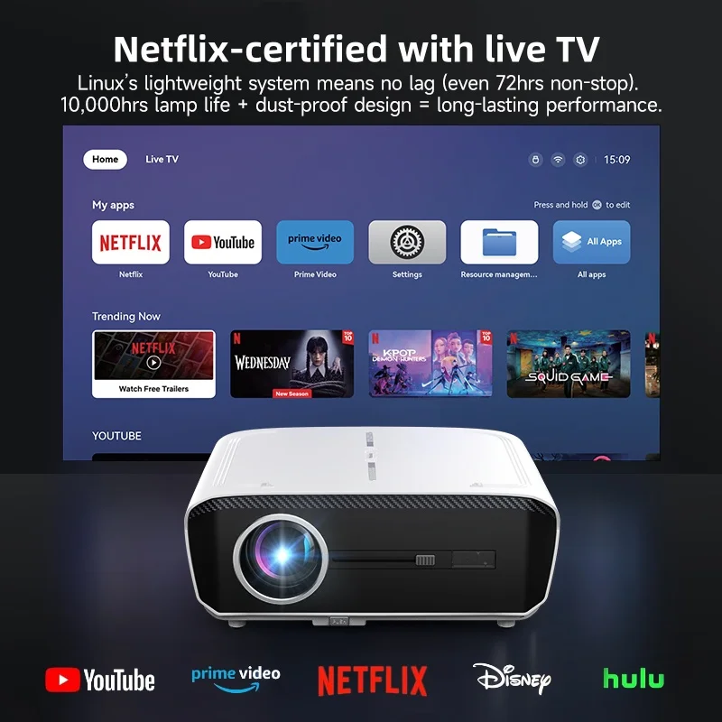 AI-Enhanced Smart Linux TV Official Netflix Licensed Meeting Projector 4K TOF Auto Focus 1850 ANSI MT9669 Wi-Fi 6 Dual Speakers
