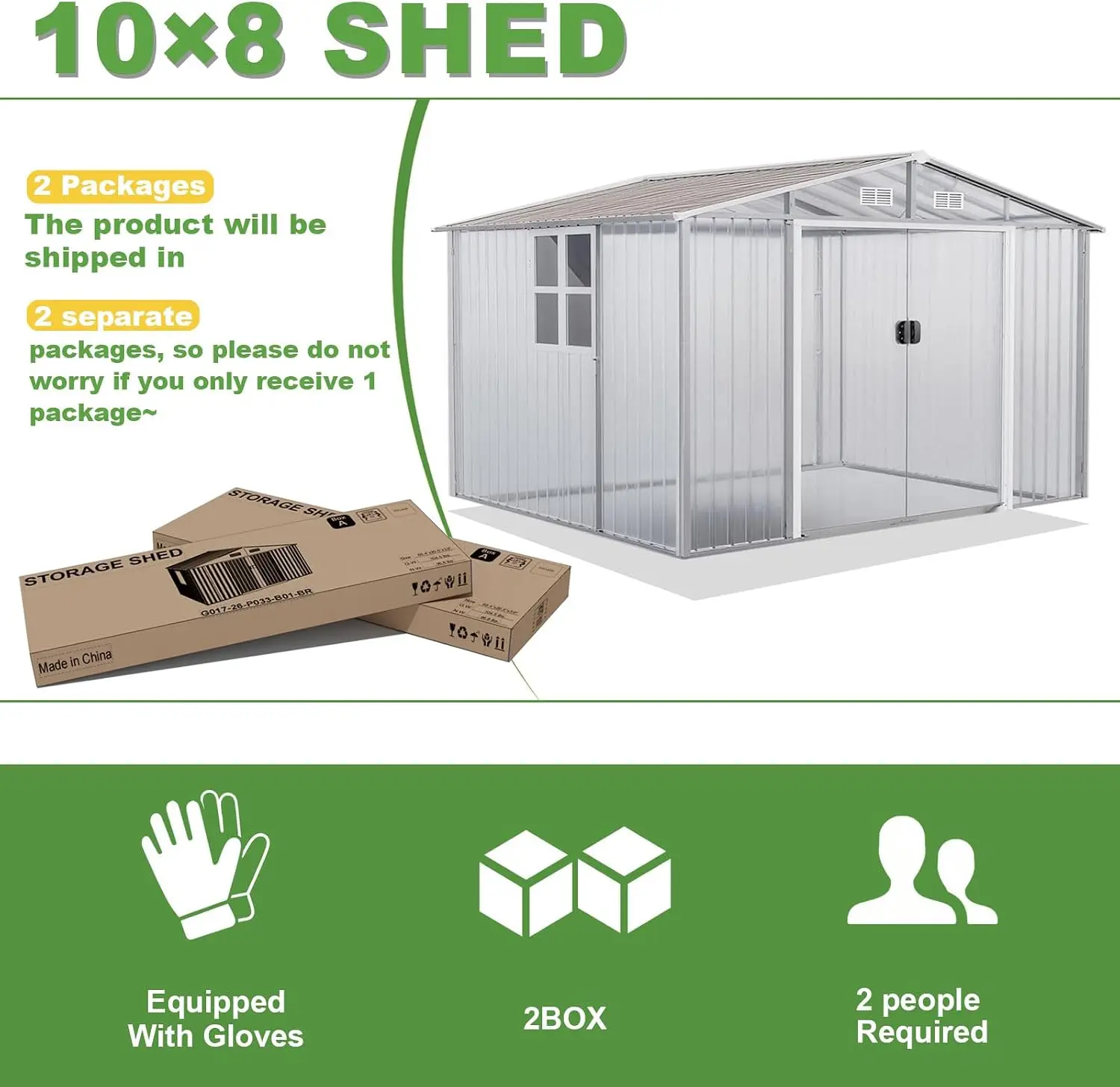 10FT x 8FT Sheds & Outdoor Storage, Storage Shed with 1 Large Window Sloped Step, Metal Shed with 2 Lockable Slide Doors Air Ven