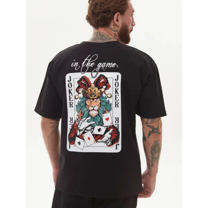 Y2K Hip Hop Streetwear Black Oversized Tee Large Back Joker Lion Poker Card Print Loose Heavy Weight 100% Cotton Unisex T Shirt