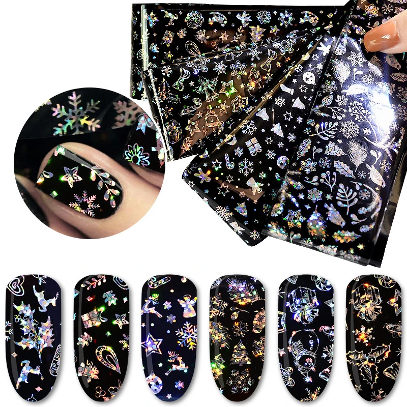 4 แผ่น Holographic Nail Art ฟอยล์สติกเกอร์ปีใหม่ Dreamcatcher Snowflake Rose ออกแบบดอกไม้เลเซอร์ตัดตกแต่งเล็บ