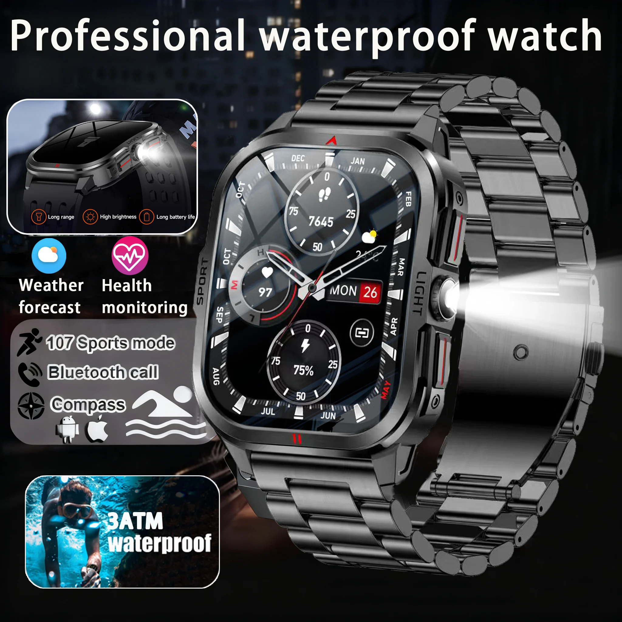 

Новинка 2025 года, мужские спортивные умные часы на открытом воздухе, военные, 400 мАч, аккумулятор, пульс, BT, фонарик для вызова, SOS-будильник, 3 атм, водонепроницаемый браслет