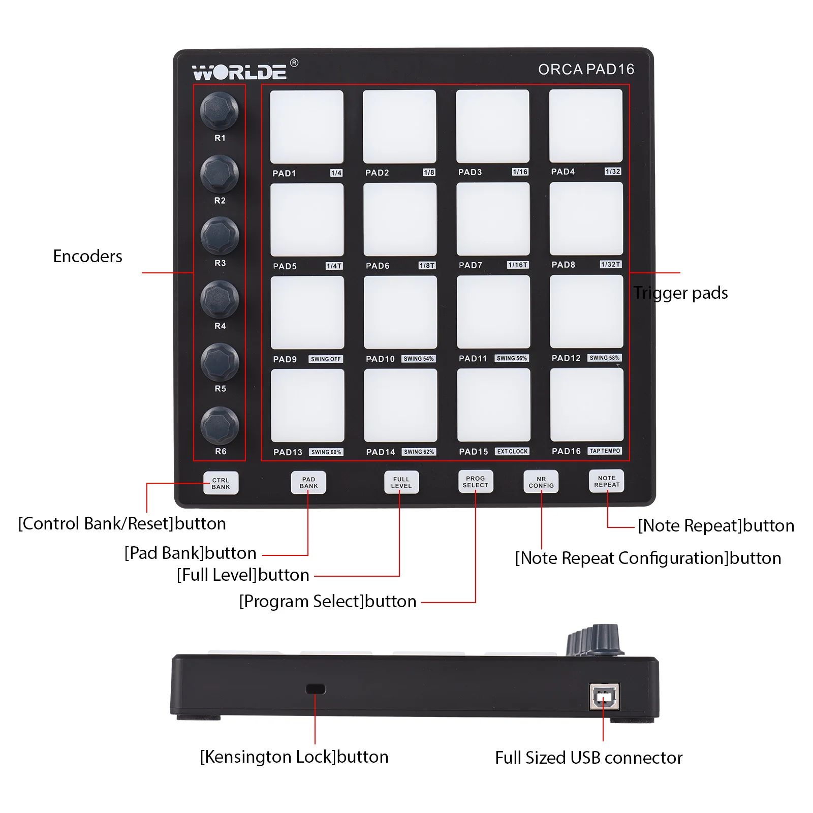 WORLDE MIDI Controller Beat Maker Machine 6 Assignable Knobs Note Repeat Full Level Buttons and Production Software Portable