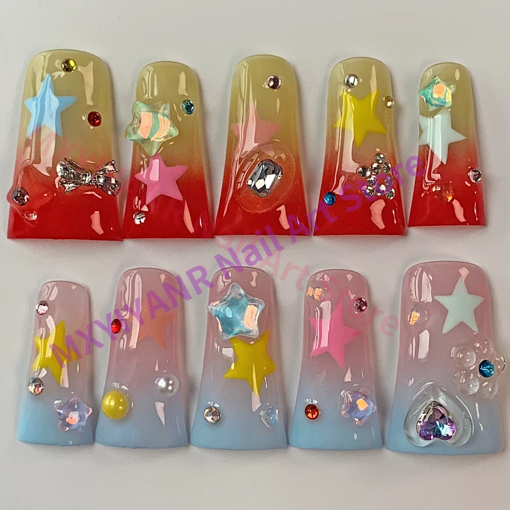 Cute French 3D Stars Duck Nails ABS Nails Painting Art Style Design Nail 10Pcs Manicure Handmade Art Press on Nails with Set