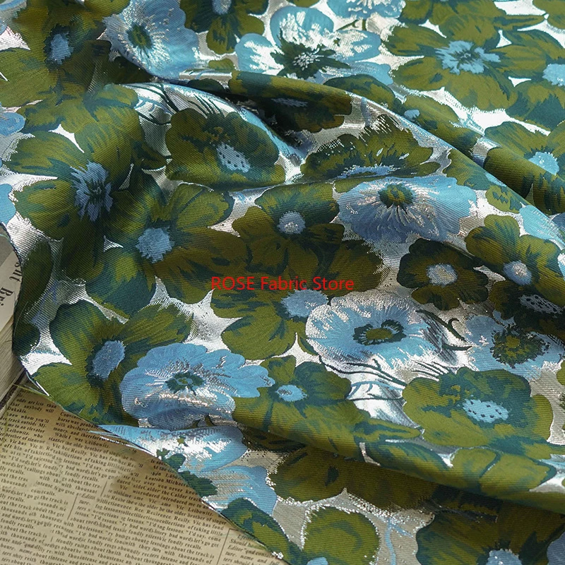 1 meter Spring Summer Blue Green Color Jacquard Brocade Fabric Fashion Dress Bag Decorative Sewing Fabric