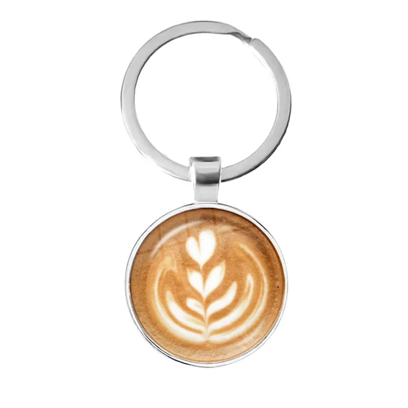 Classic Coffee Latte Carving Love Heart Art Keychain Key Rings Chocolate Printing Flower Charm Pendant Jewelry Gift