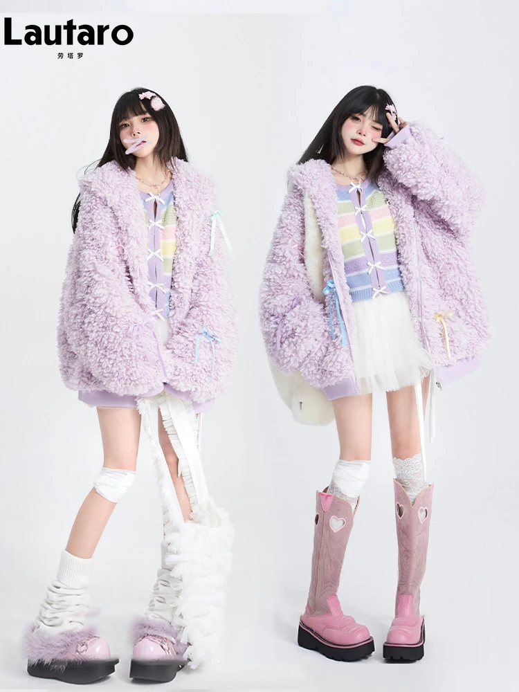 Lautaro Winter Oversized Sweet Cute Kawaii Warm Fuzzy Light Purple Faux Fur Hoodie Women with Hood Bow Fluffy Sherpa Jacket 2024