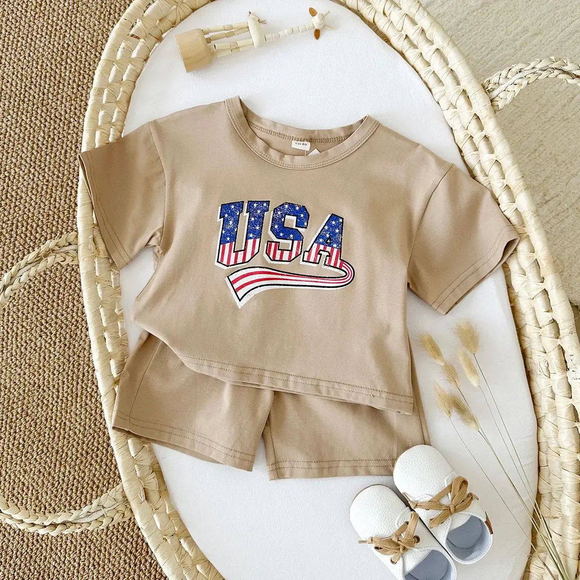 2Pcs Toddler Infant New Summer Baby Boy Clothing Set USA T-shirt+Shorts Cotton Newborn Baby Girls Infant Outfit 0-4Y