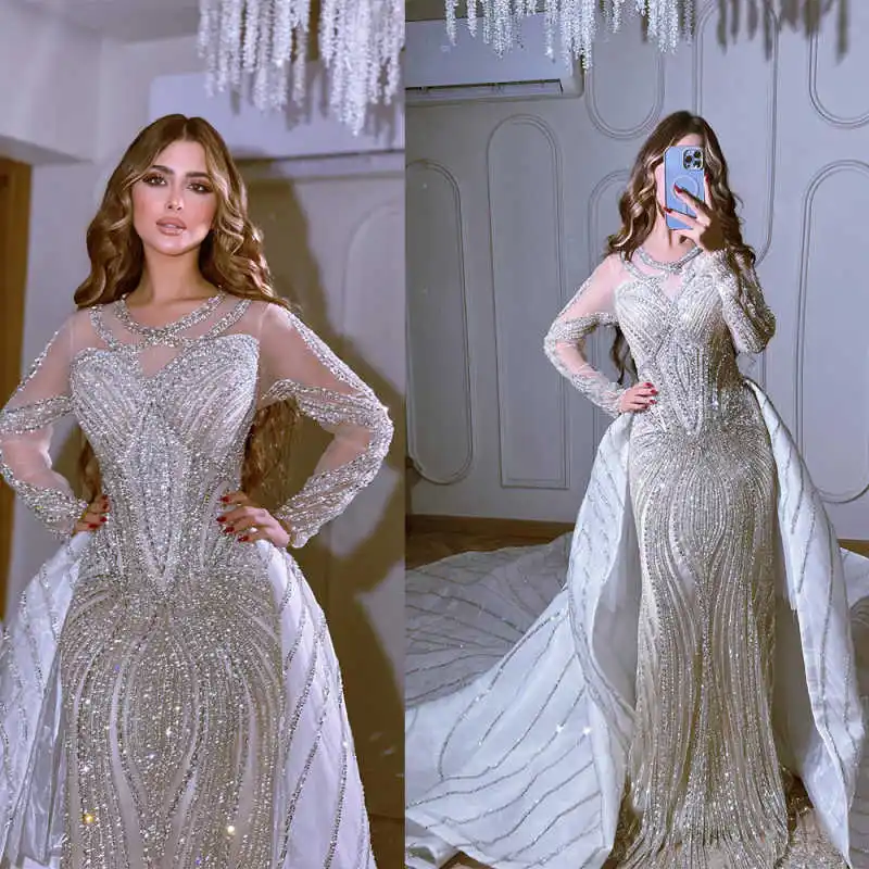 فساتين زفاف فاخرة برقبة جوهرة قابلة للانفصال، فساتين عروس مثيرة مطرزة بالكريستال، مخصصة بالترتر بطول الأرض، فستان زفاف