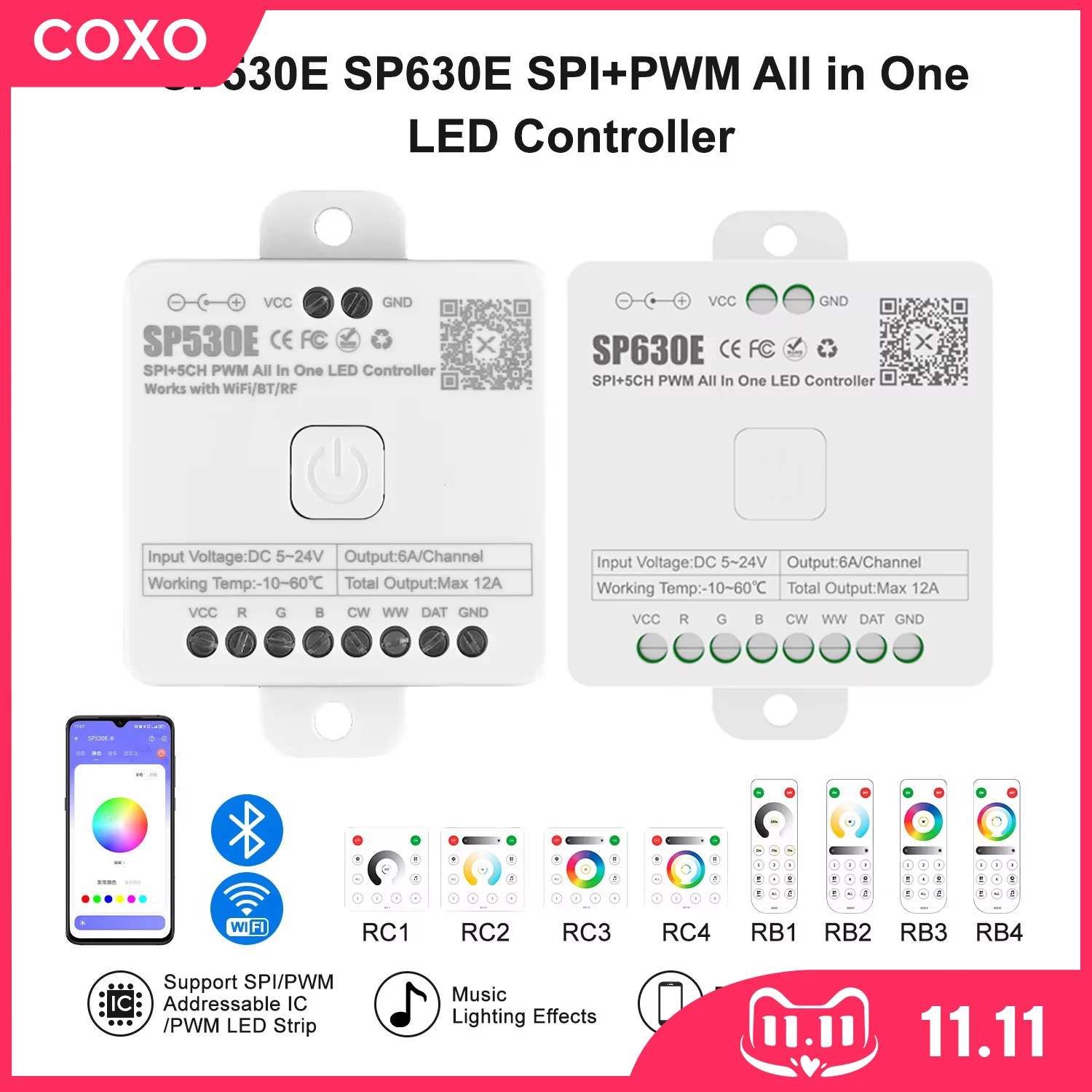 الكل في واحد LED تحكم SP630E BT APP SP530E Wifi Alexa Google Control 5CH PWM SPI بكسل LED قطاع WS2811 WS2812B SK6812