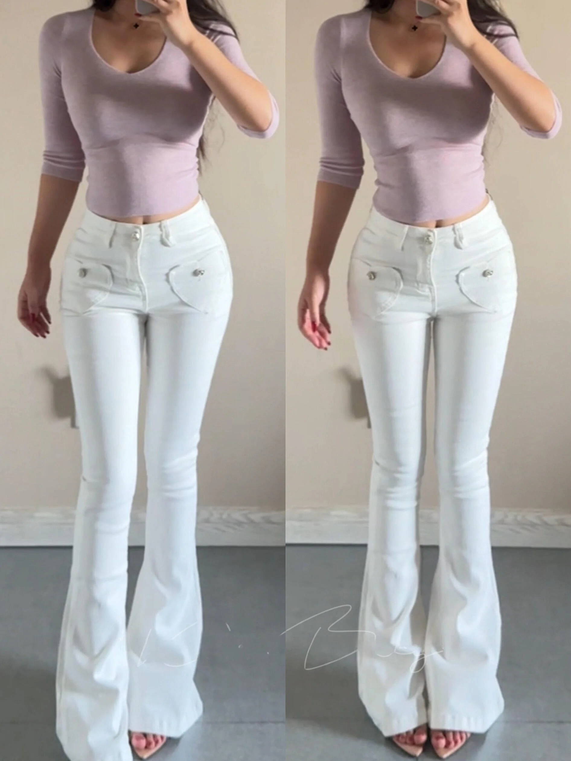 

Spring Waed High Waist Bell Bot with Heart kets Plump Hips Long Legs Korean Sle Spicy Girls Slim Matched Floor-Len...