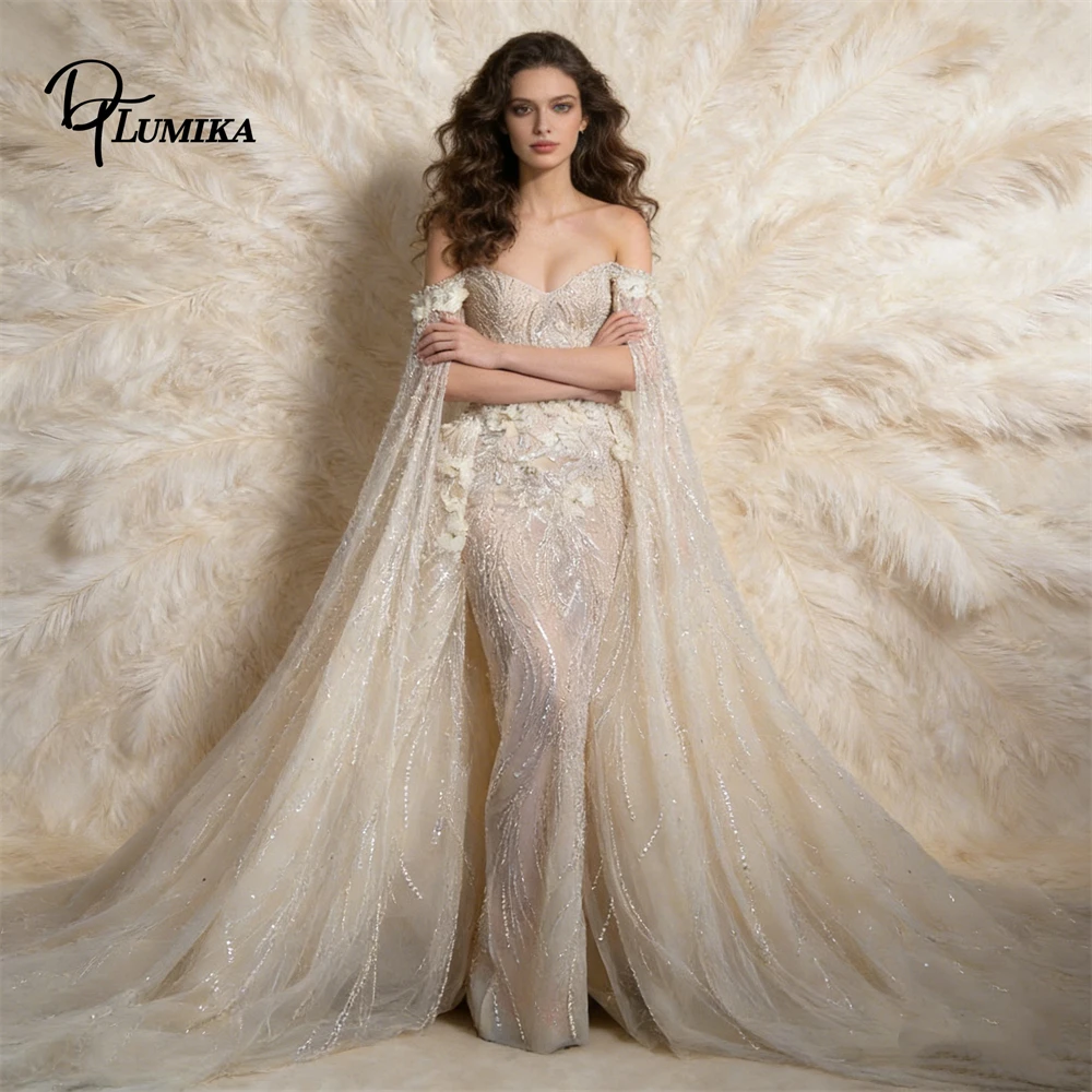 

Womens Sparkle Mermaid Wedding Dress Off-the-Shoulder 3D Floral Cape Train Bridal Gown Luxury Reception Engagement Dress