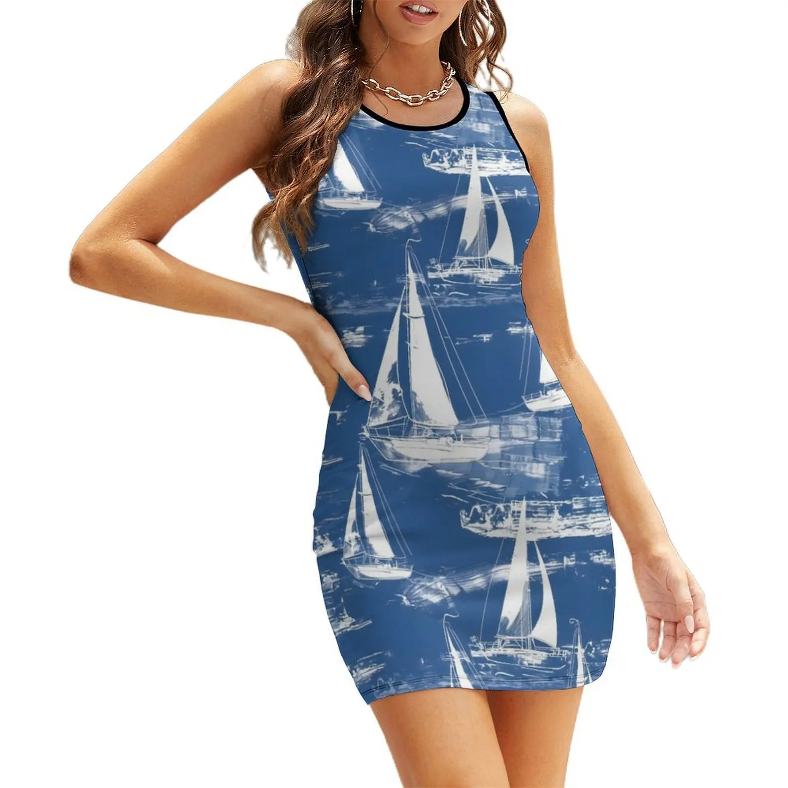 

Sailboat in the sea white lines blue background Sleeveless Sundress summer dress woman 2025 dresses ladies 2025 summer