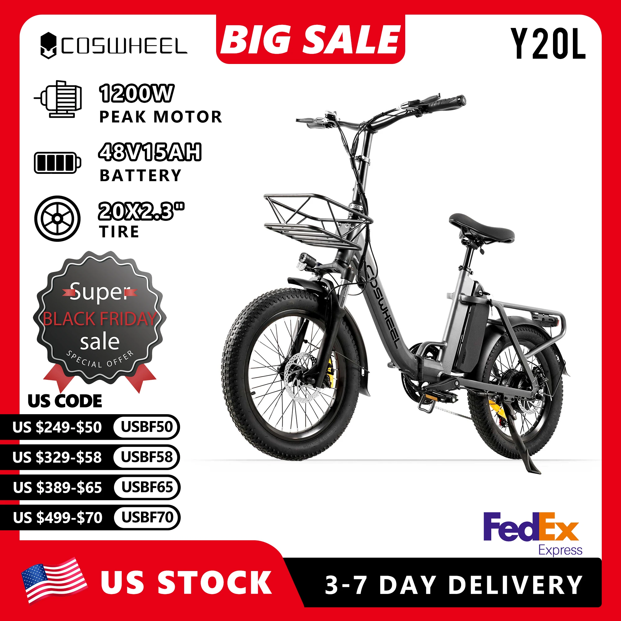 

COSWHEEL Electric Bicycle Y20L Foldable Step-Thru Electric Bike 1200W PEAK Electric Motorcycle 48V 15AH Battery 20in City E Bike