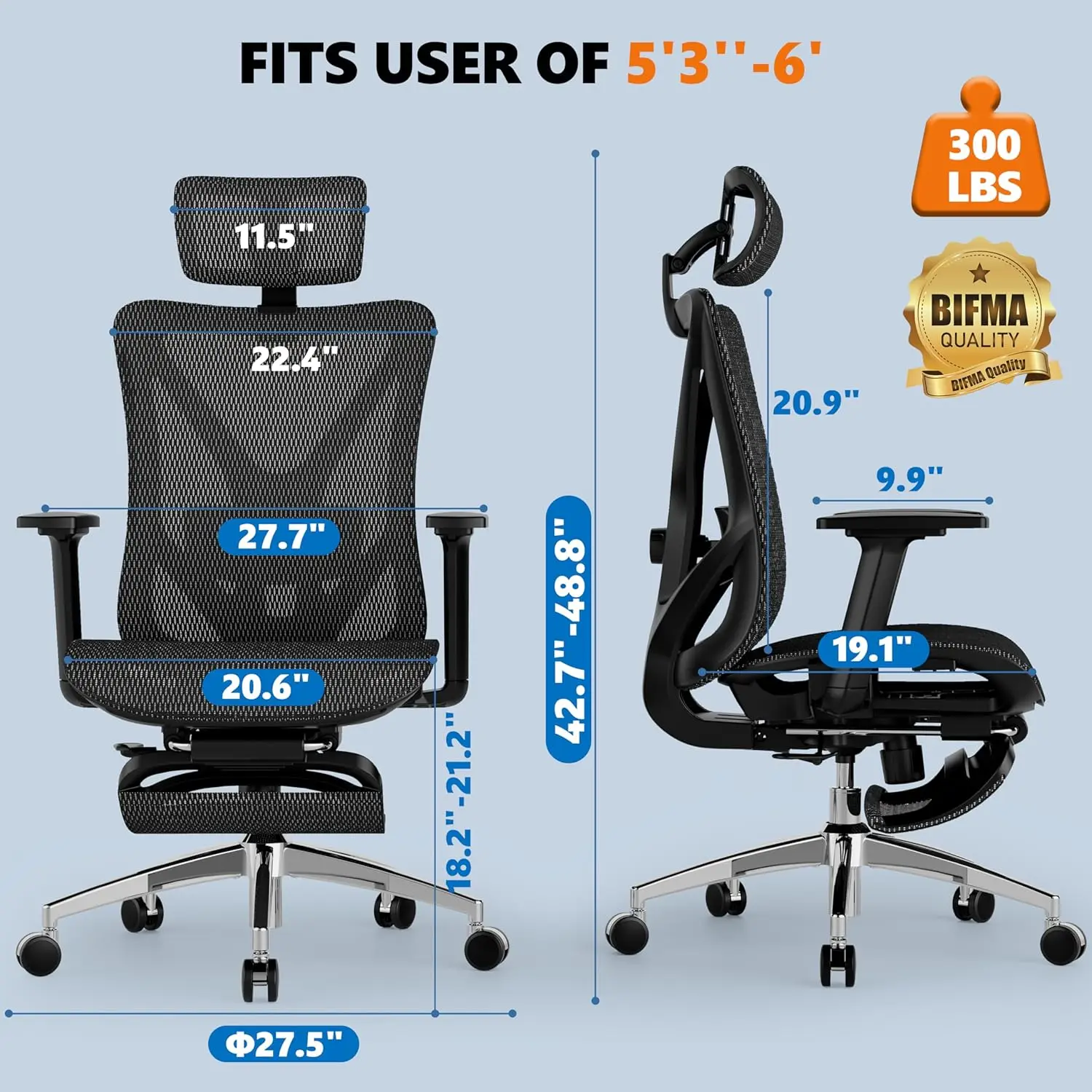 Ergonomic Office Chair with Adjustable Lumbar Support, 3D Armrests & Headrest, 135° Reclining Chair with Footrest & Steel Base