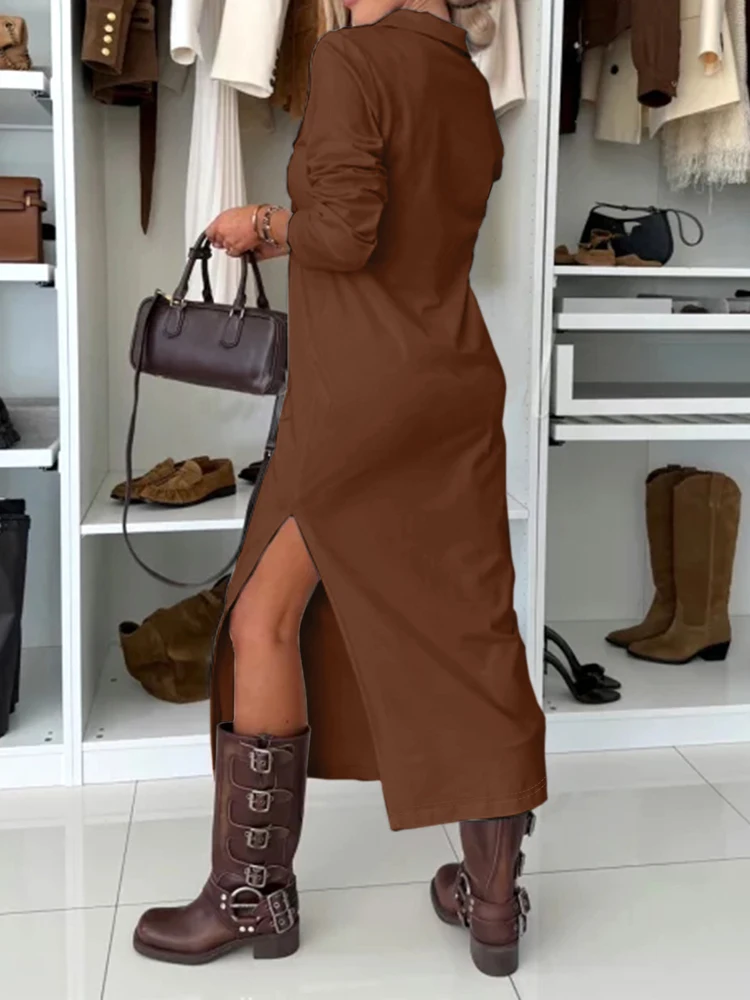 Vestido largo elegante de Color sólido para ir al trabajo, camisas informales de manga larga, vestidos de moda con solapa dividida, vestido de fiesta suelto Simple